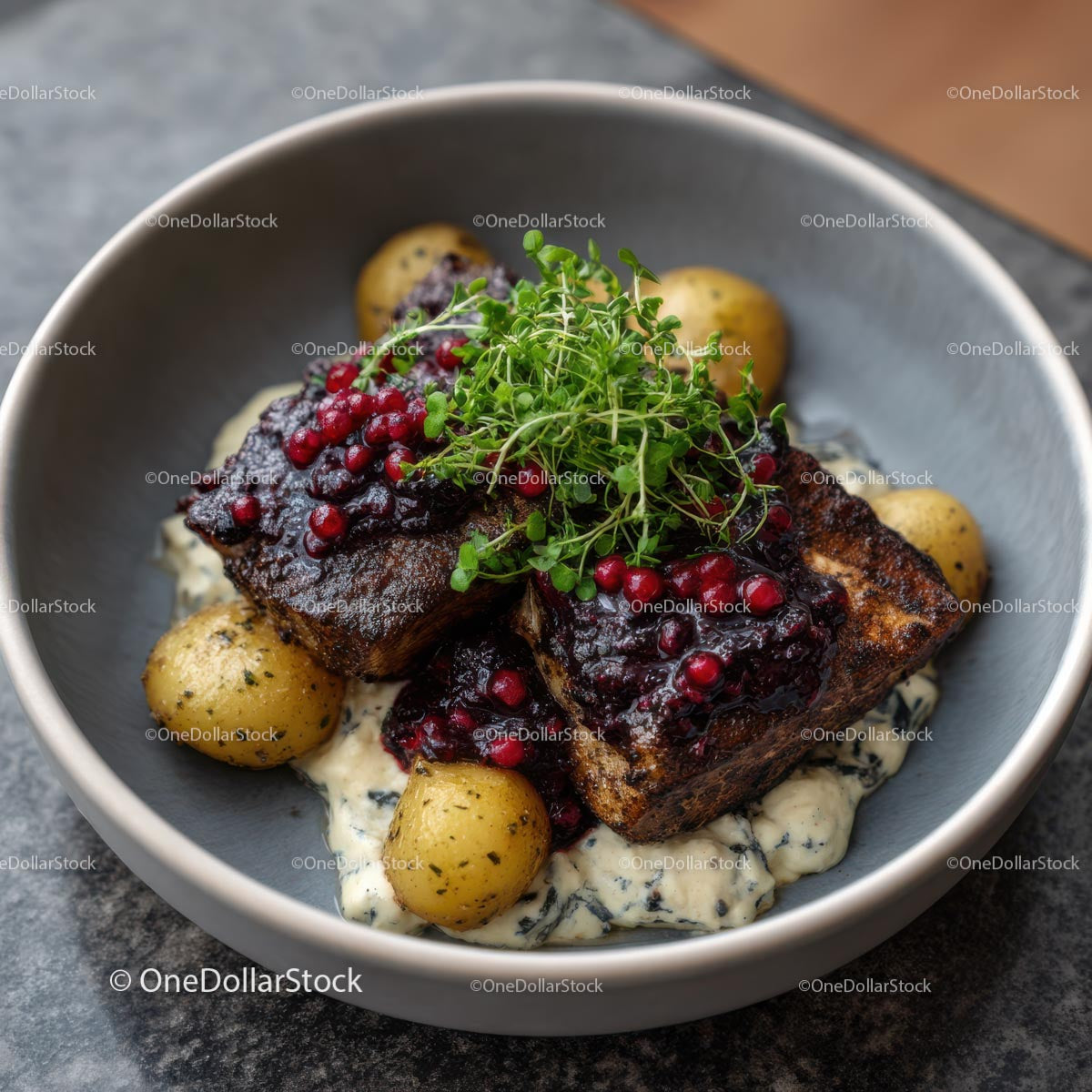 Danie mięsne gourmet z ziemniakami i świeżymi ziołami