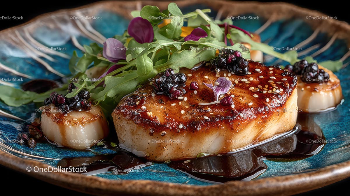 Gourmet Seared Scallops with Fresh Arugula and Blackberries