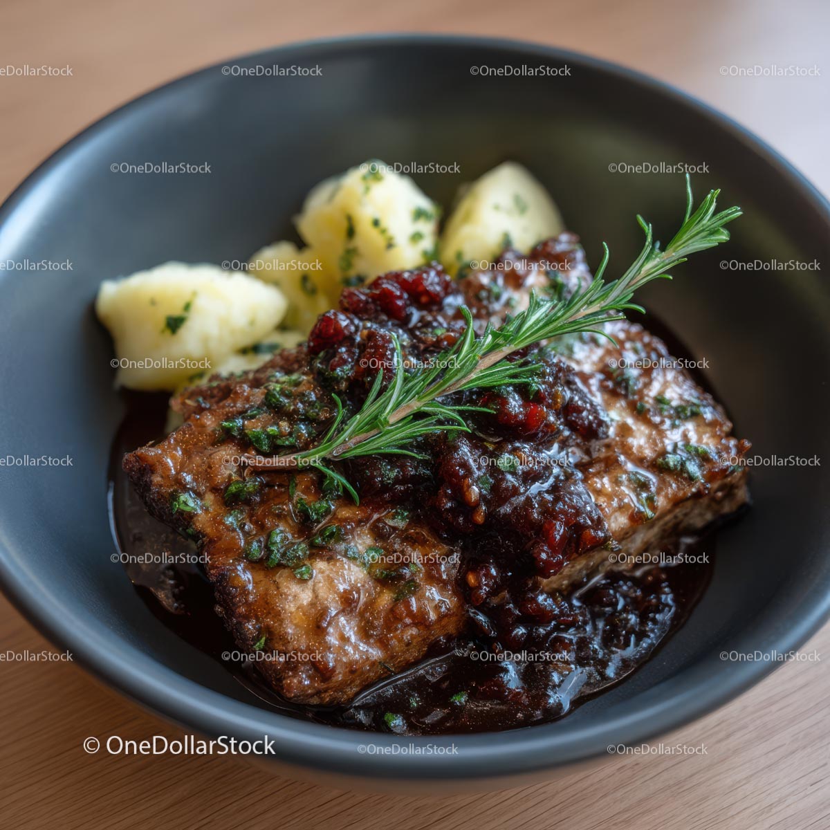 Gourmet Meat Dish with Rosemary and Mashed Potatoes