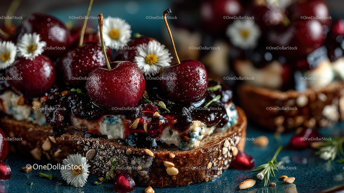 Rustykalny tost gourmet z wiśniami i serem pleśniowym