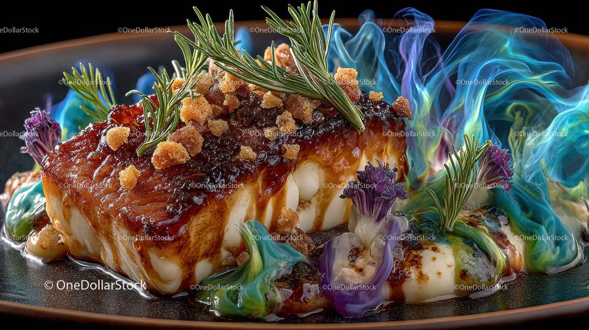 Gourmet Dish with Rosemary and Colorful Garnish