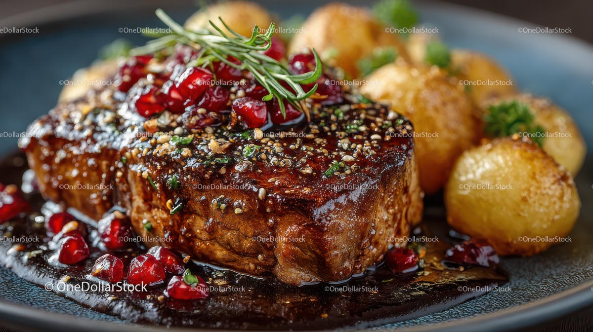 Juicy Steak with Pomegranate Sauce and Crispy Potatoes