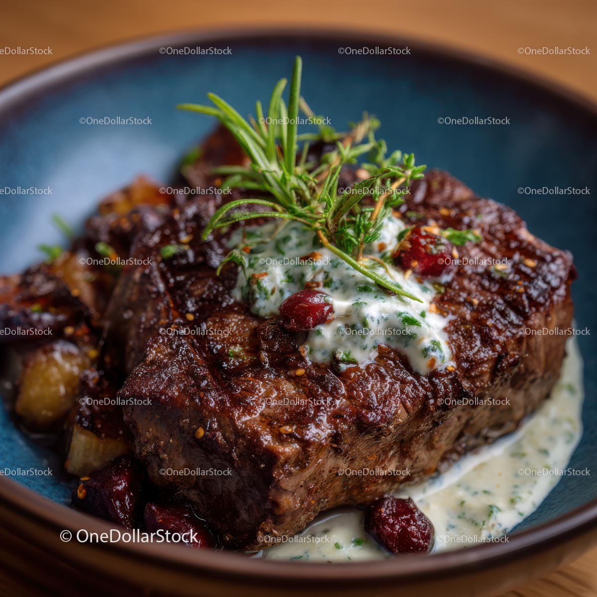 Gourmet Steak with Herb Garnish and Sauce