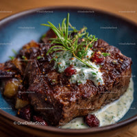 Gourmet Steak with Herb Garnish and Sauce