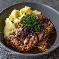Grilled Salmon with Mashed Potatoes and Parsley Garnish