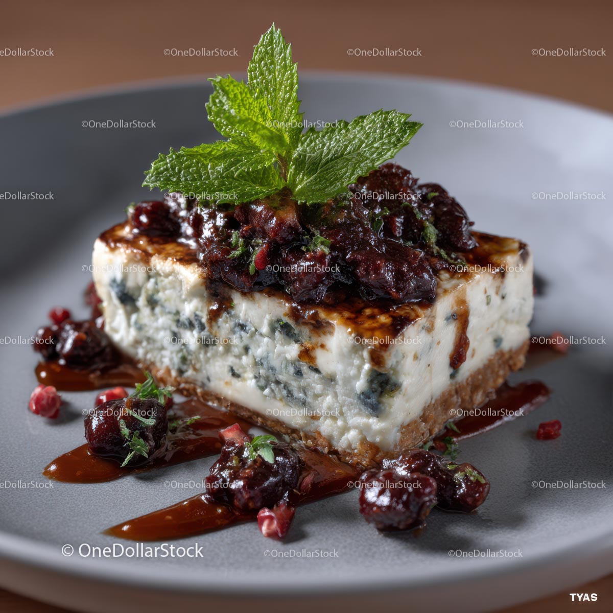 Gourmet Blue Cheese Dessert with Mint and Berry Sauce