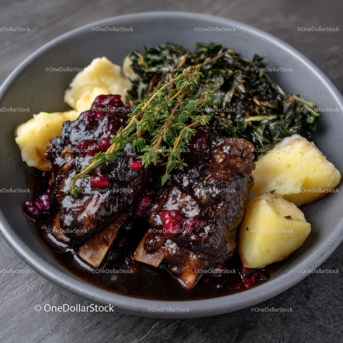Braised Beef with Mashed Potatoes and Greens