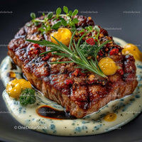 Gourmet Steak with Rosemary and Colorful Garnishes