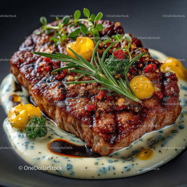 Gourmet Steak with Rosemary and Colorful Garnishes