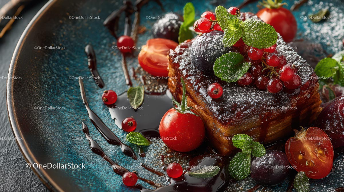 Gourmet Dessert with Fresh Berries and Mint Garnish