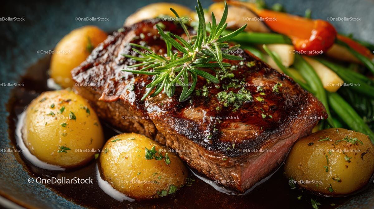 Grillowany stek z rozmarynem i pieczonymi ziemniakami