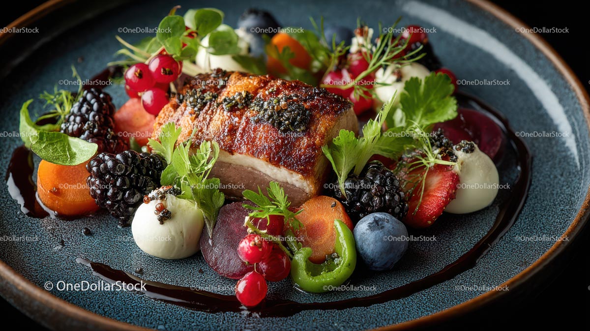 Gourmet Plated Dish with Fresh Berries and Greens