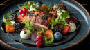 Gourmet Plated Dish with Fresh Berries and Greens