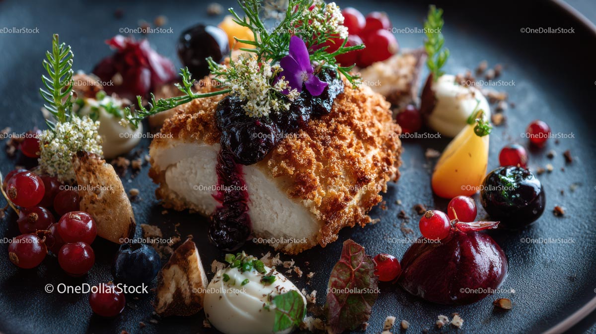 Crispy Chicken with Berry Sauce and Gourmet Garnish