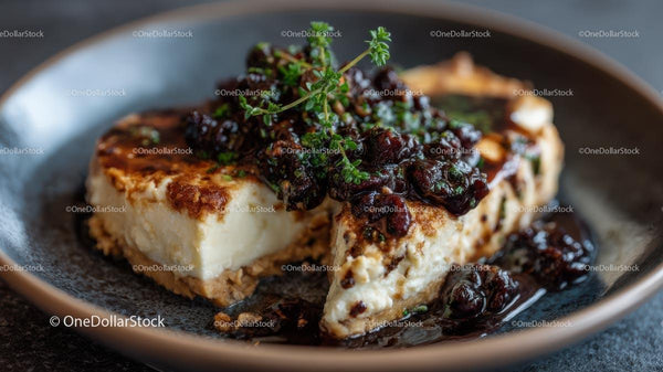 Gourmet Cheesecake with Caramelized Raisins and Fresh Herbs