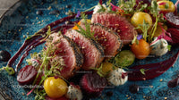 Seared Beef with Vibrant Vegetables and Beetroot Puree