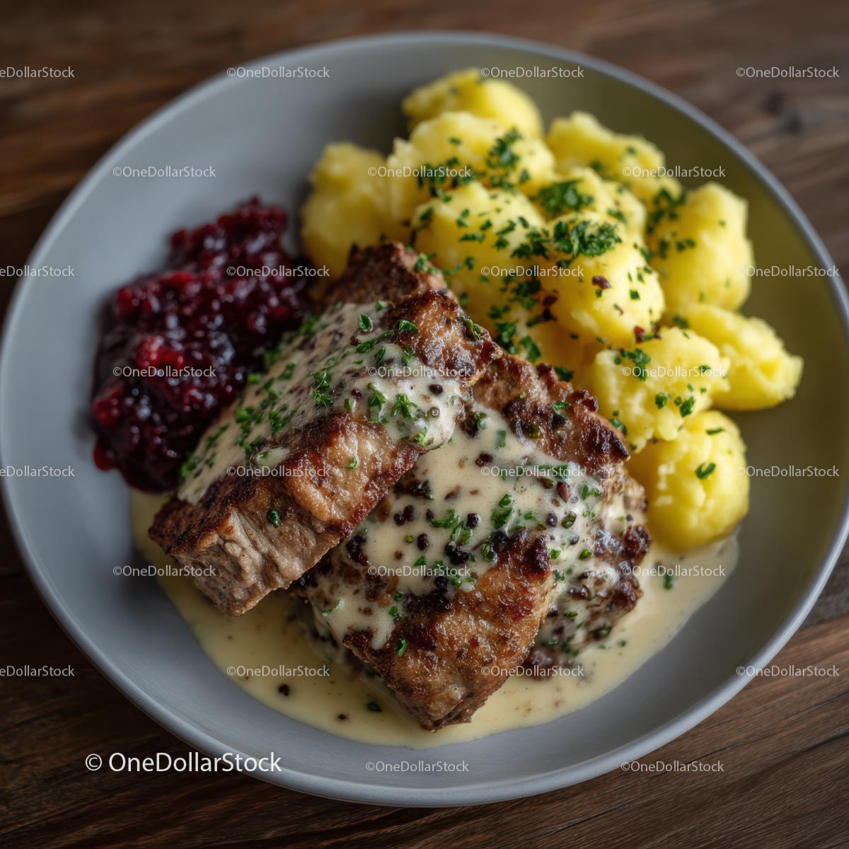 Hearty Meatloaf with Mashed Potatoes and Cranberry Sauce