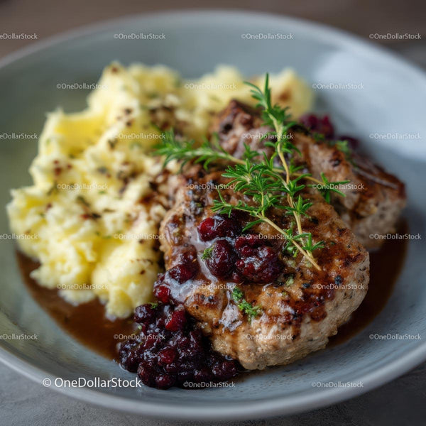 Gourmet Steak with Cranberry Sauce and Mashed Potatoes
