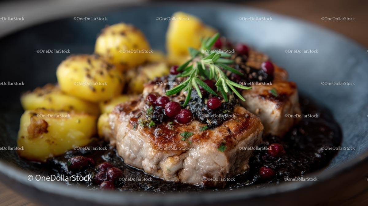 Grilled Pork and Roasted Potatoes with Rosemary Garnish