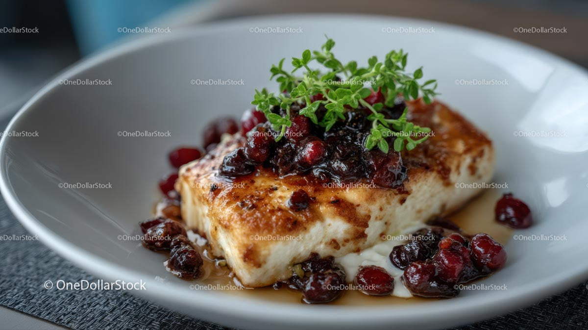 Grillowany ser z żurawiną i octem balsamicznym oraz świeżymi ziołami