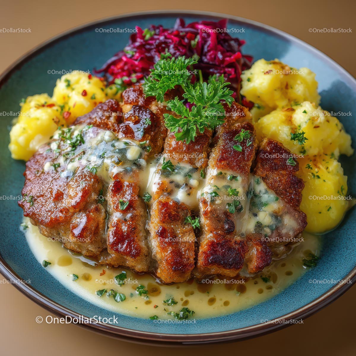 Gourmet Roasted Meat with Mashed Potatoes and Cabbage