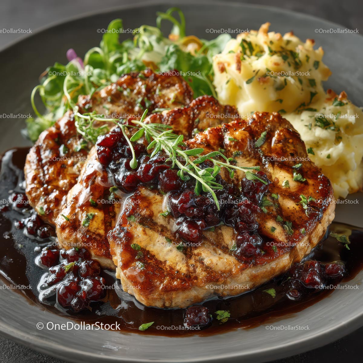 Grilled Pork Steak with Berry Sauce and Herbs