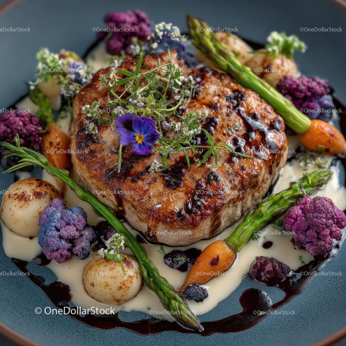 Gourmet Steak with Asparagus and Purple Cauliflower
