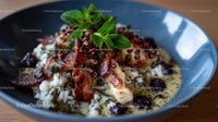 Gourmet Rice Dish with Bacon and Mint Garnish