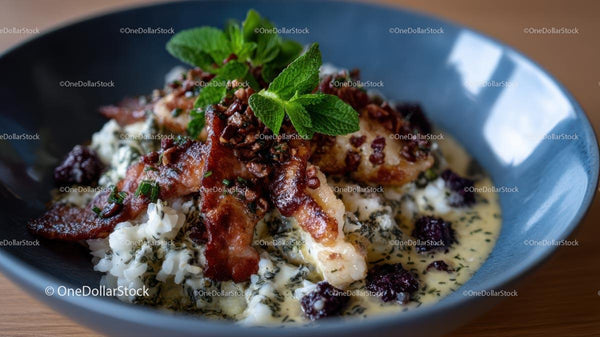 Gourmet Rice Dish with Bacon and Mint Garnish