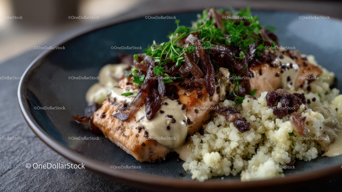 Salmon with Quinoa and Caramelized Onions on a Plate