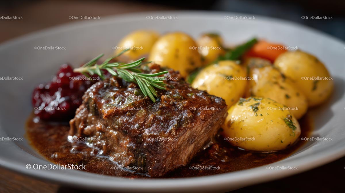 Savory Roast Beef with Potatoes and Rosemary Garnish