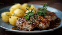 Savory Roasted Meat with Potatoes and Rosemary Garnish