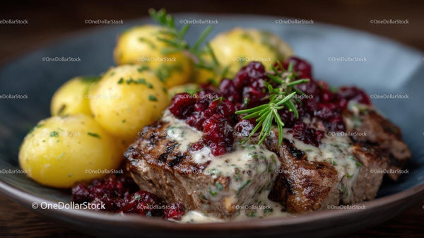 Juicy Steak with Cranberries and Rosemary on Plate