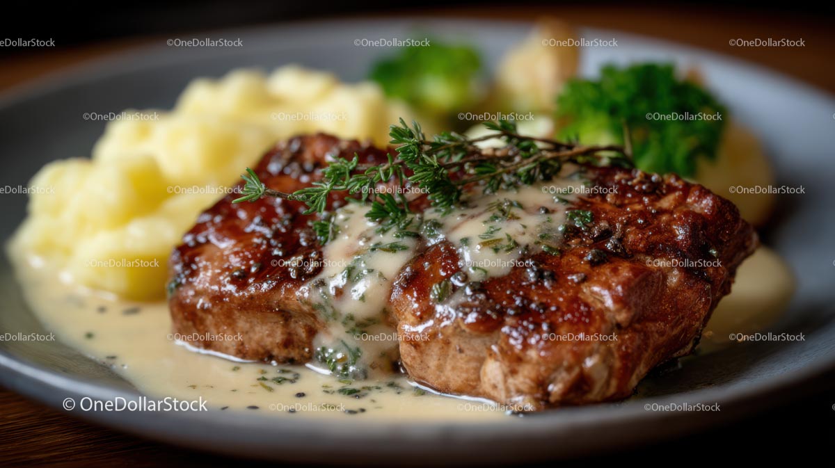 Pyszny grillowany stek z puree ziemniaczanym i sosem ziołowym