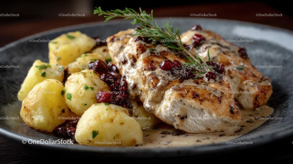 Gourmet Roasted Chicken with Cranberries and Creamy Sauce