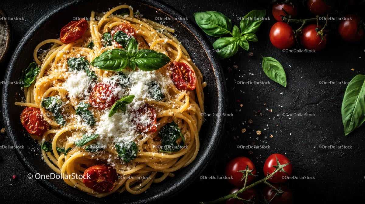 Wykwintny spaghetti z pomidorkami koktajlowymi i bazylią
