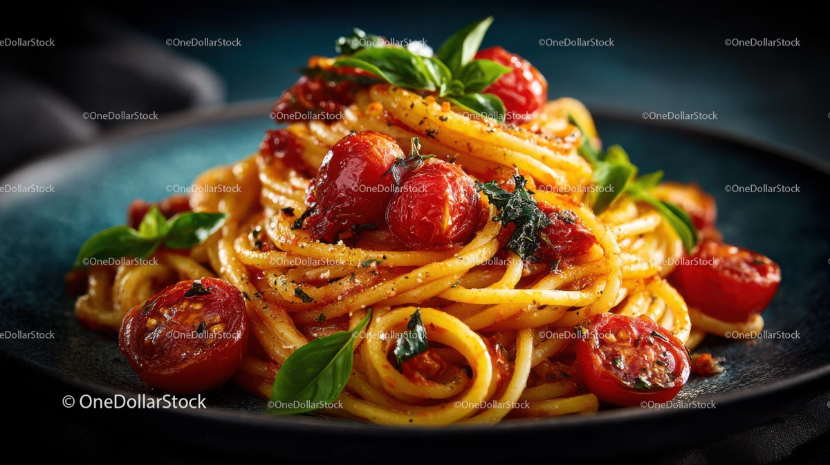 Wykwintny spaghetti z pomidorkami koktajlowymi i bazylią