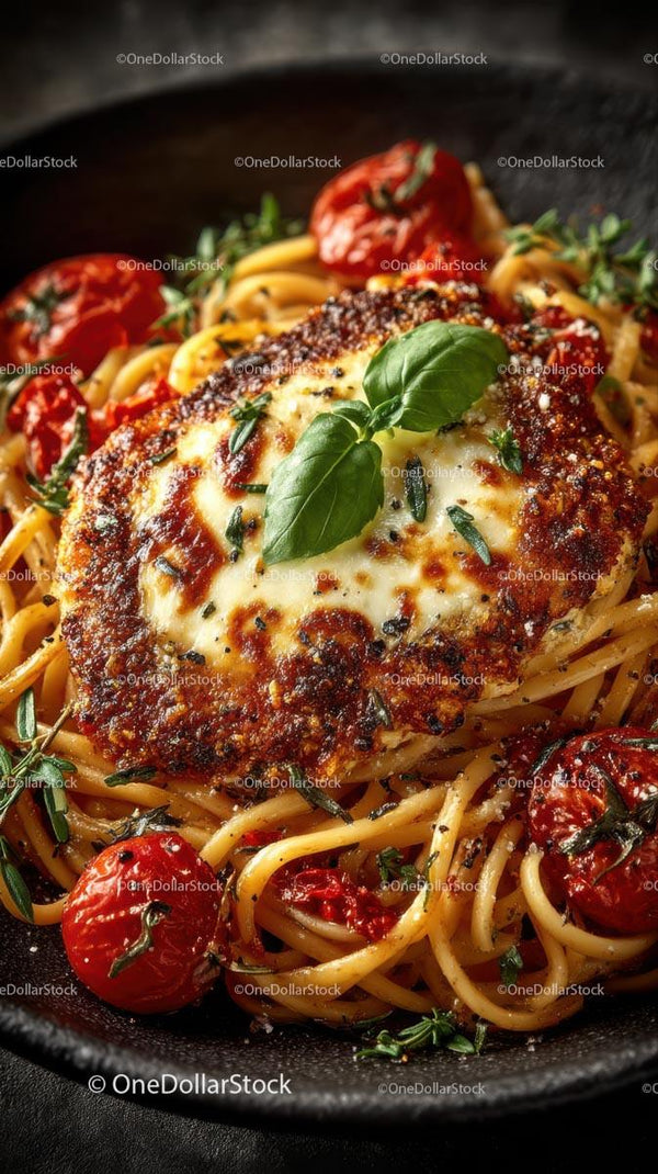 Chicken Parmesan with Spaghetti and Fresh Basil Garnish
