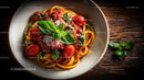 Spaghetti with Tomato Sauce and Fresh Basil Garnish