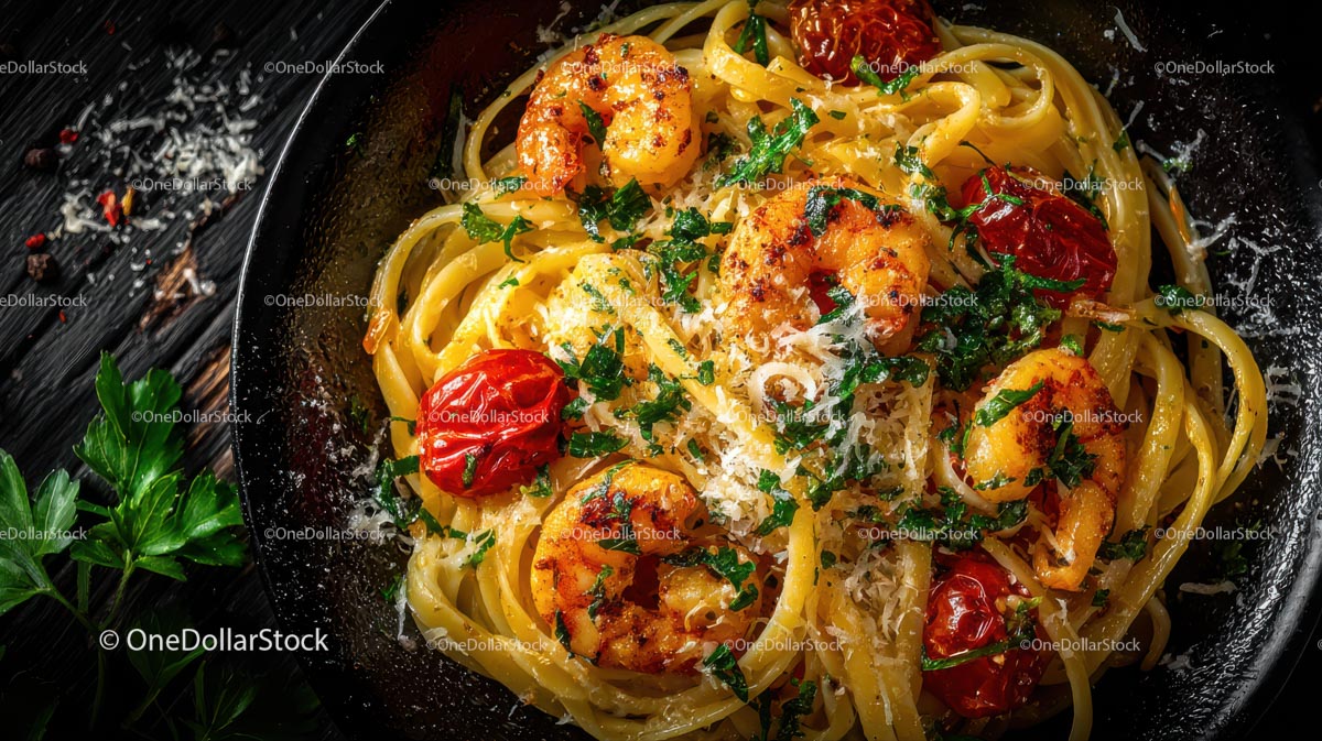 Kremowy makaron z krewetkami, pomidorkami koktajlowymi i parmezanem