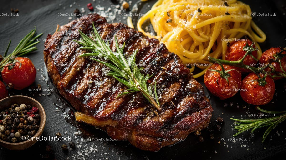 Grillowany stek z rozmarynem i makaronem na talerzu łupkowym