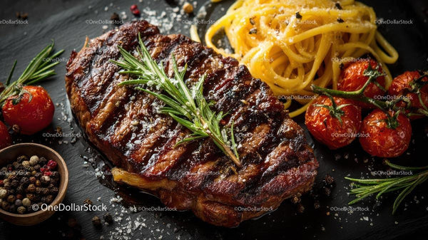 Grilled Steak with Rosemary and Pasta on Slate Plate