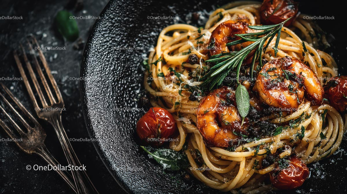 Wykwintny spaghetti z krewetkami i pomidorkami koktajlowymi na czarnym talerzu
