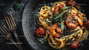 Gourmet Shrimp and Cherry Tomato Spaghetti on Black Plate