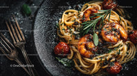 Gourmet Shrimp and Cherry Tomato Spaghetti on Black Plate