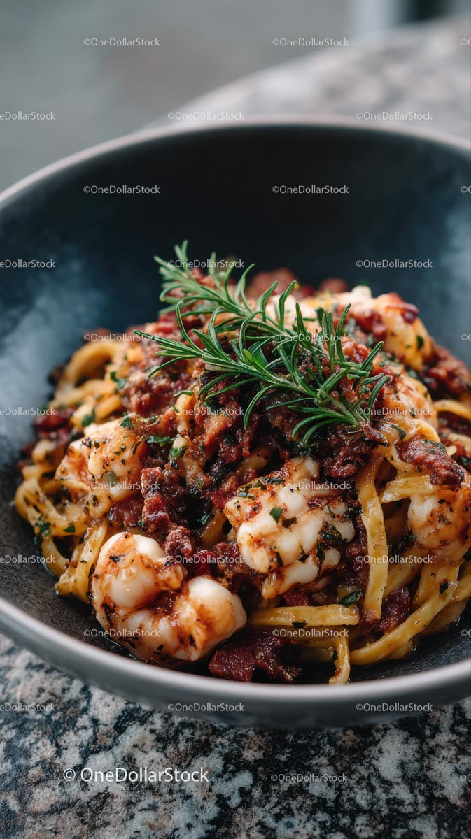 Gourmet Seafood Pasta with Rosemary Garnish