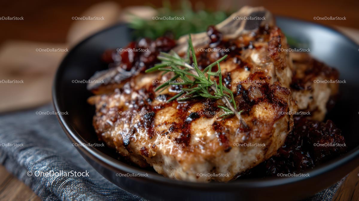 Grilled Pork Chop with Rosemary and Barbecue Glaze