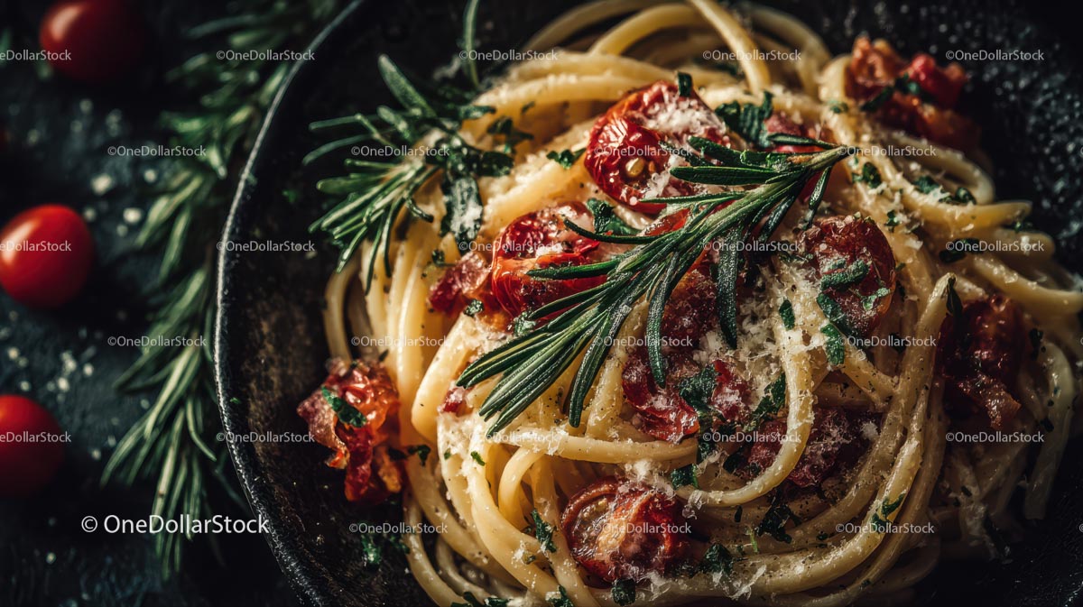 Wykwintny spaghetti z rozmarynem i pomidorkami koktajlowymi