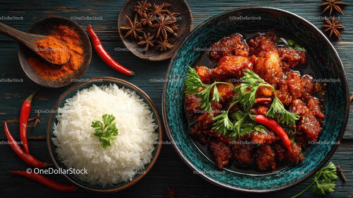 Spicy Chicken Dish with White Rice and Aromatic Spices