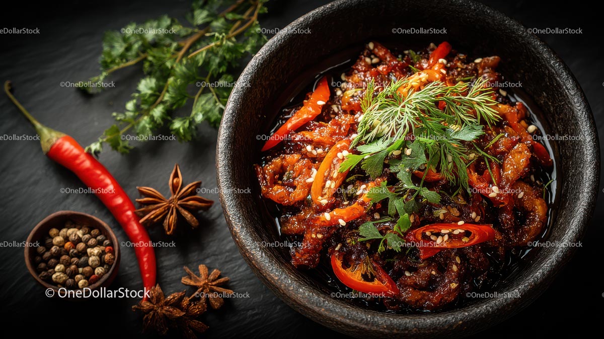 Spicy Asian Dish with Fresh Herbs and Peppers